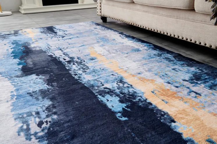 5' X 7' Blue and Yellow Abstract Printed Washable Non Skid Area Rug