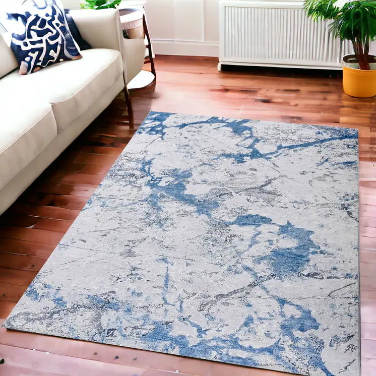 6' X 9' Blue and Silver Abstract Printed Washable Non Skid Area Rug