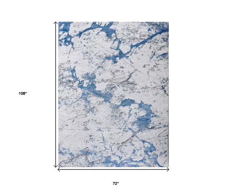 6' X 9' Blue and Silver Abstract Printed Washable Non Skid Area Rug