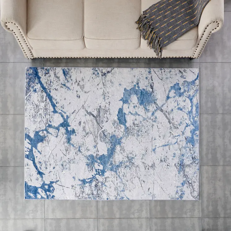 6' X 9' Blue and Silver Abstract Printed Washable Non Skid Area Rug