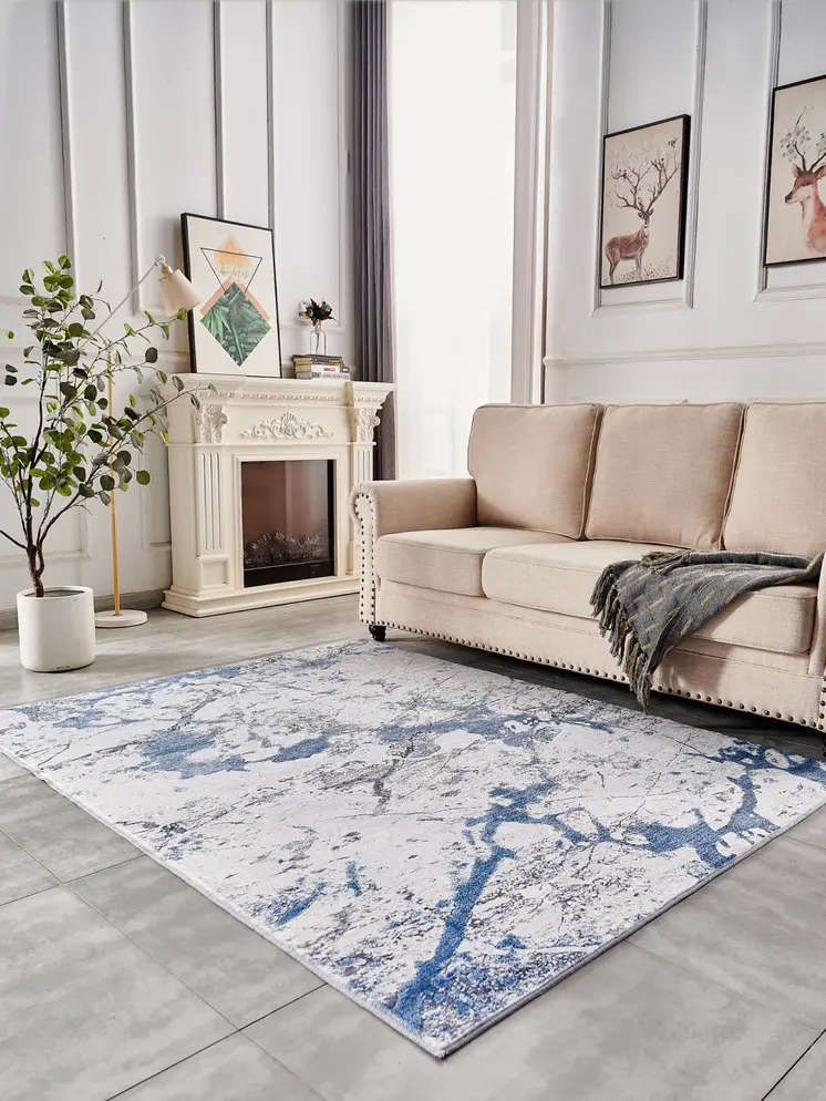 8' X 11' Blue and Silver Abstract Washable Non Skid Area Rug