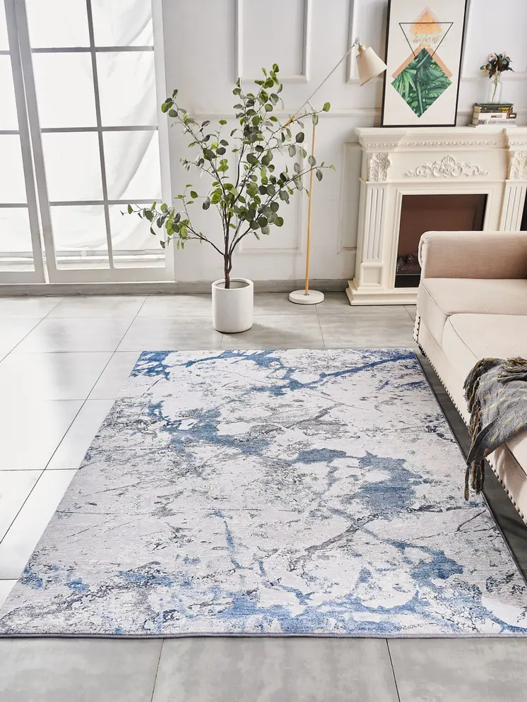 8' X 11' Blue and Silver Abstract Washable Non Skid Area Rug