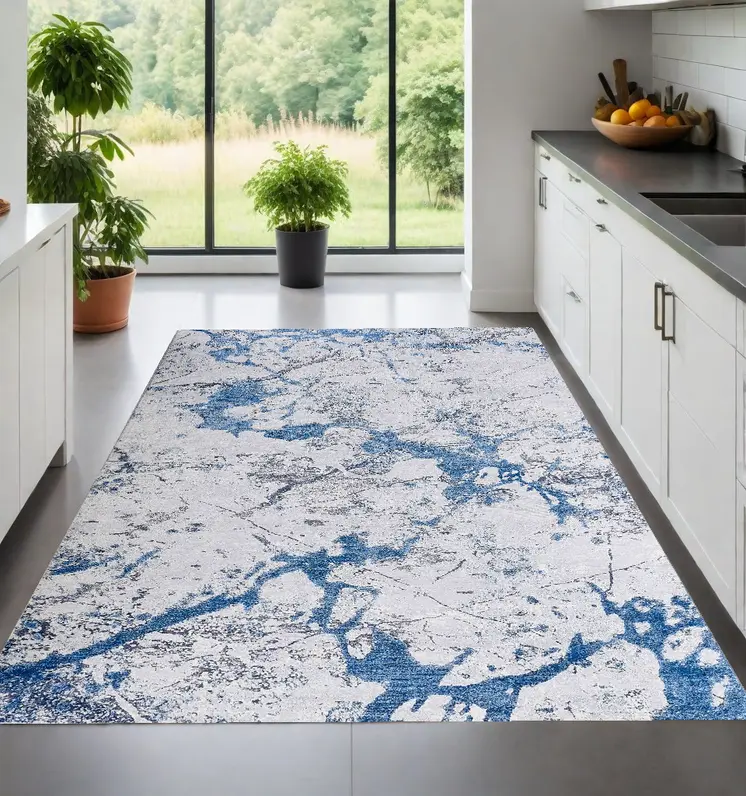 8' X 11' Blue and Silver Abstract Washable Non Skid Area Rug