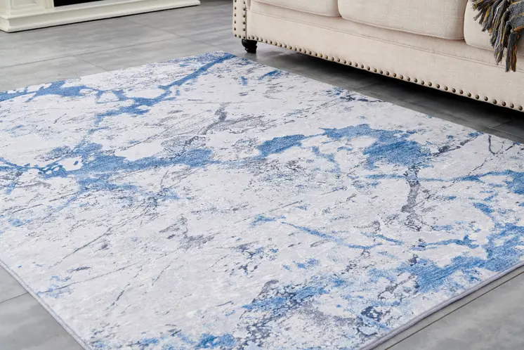 8' X 11' Blue and Silver Abstract Washable Non Skid Area Rug