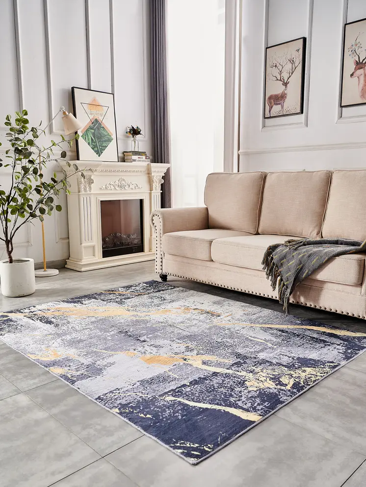 5' X 7' Blue and Yellow Abstract Shag Printed Washable Non Skid Area Rug