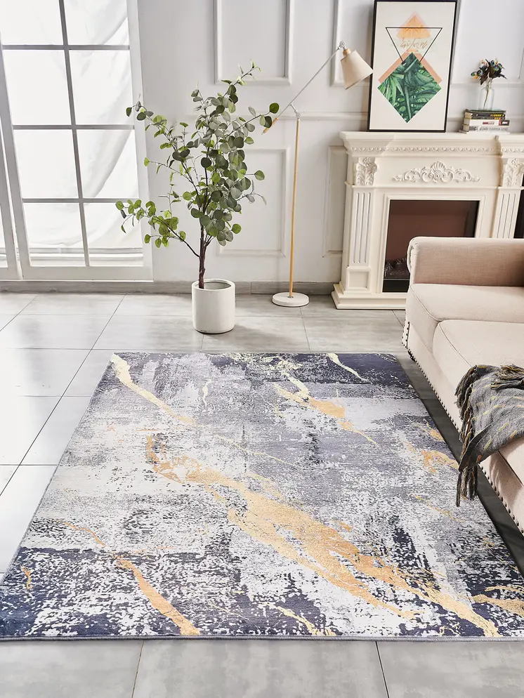 5' X 7' Blue and Yellow Abstract Shag Printed Washable Non Skid Area Rug