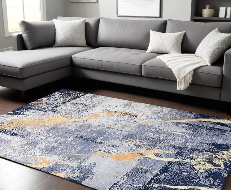 8' X 11' Blue and Yellow Abstract Shag Printed Washable Non Skid Area Rug
