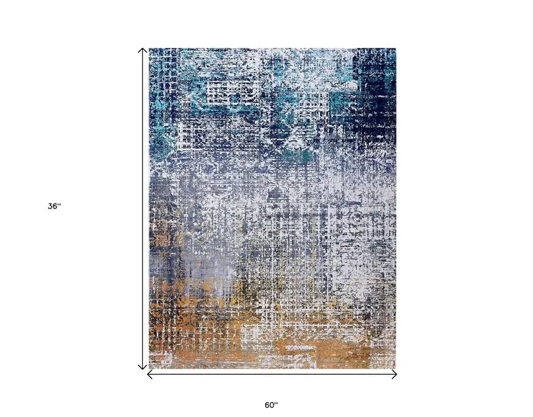 3' X 5' Blue and Silver Abstract Shag Printed Washable Non Skid Area Rug