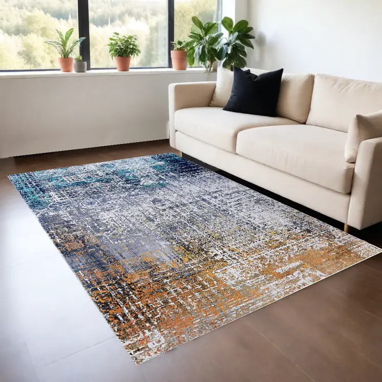 4' X 6' Blue and Silver Abstract Shag Printed Washable Non Skid Area Rug