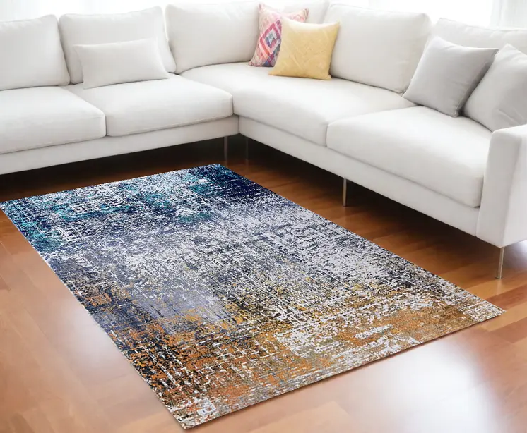 6' X 9' Blue and Silver Abstract Shag Printed Washable Non Skid Area Rug