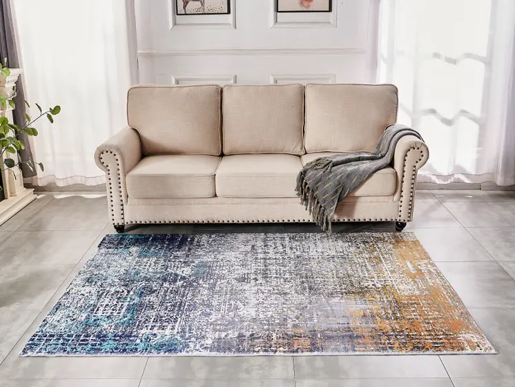 6' X 9' Blue and Silver Abstract Shag Printed Washable Non Skid Area Rug