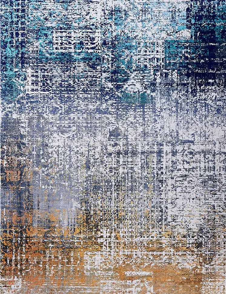6' X 9' Blue and Silver Abstract Shag Printed Washable Non Skid Area Rug