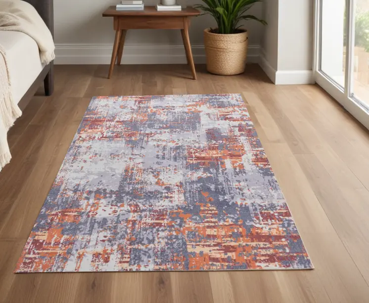 4' X 6' Gray and Brown Abstract Shag Printed Washable Non Skid Area Rug