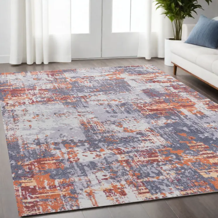 5' X 7' Gray and Brown Abstract Shag Printed Washable Non Skid Area Rug