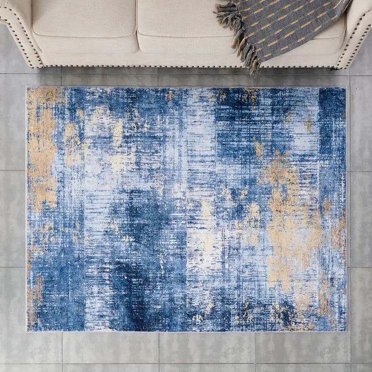2' X 3' Blue and Gold Abstract Printed Washable Non Skid Area Rug
