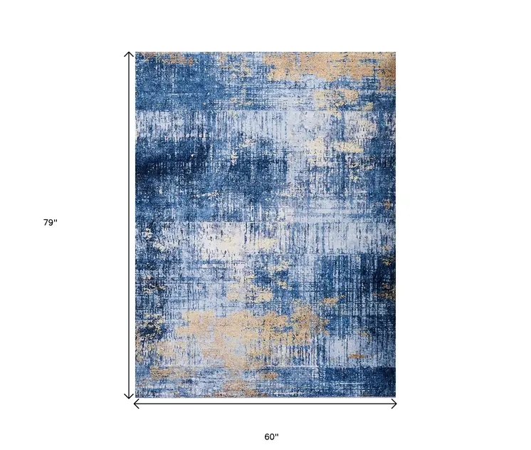 5' X 7' Blue And Gold Abstract Shag Washable Area Rug