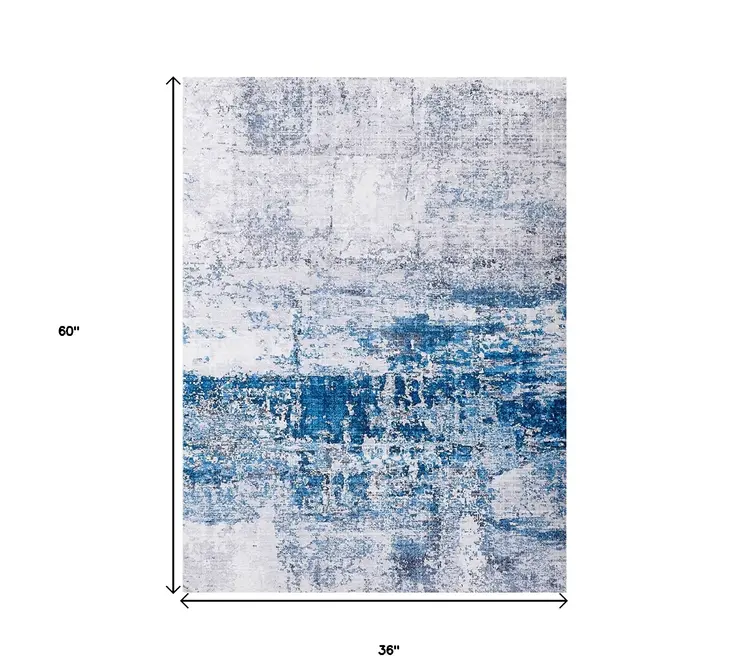 3' X 5' Gray and Blue Abstract Shag Printed Washable Non Skid Area Rug