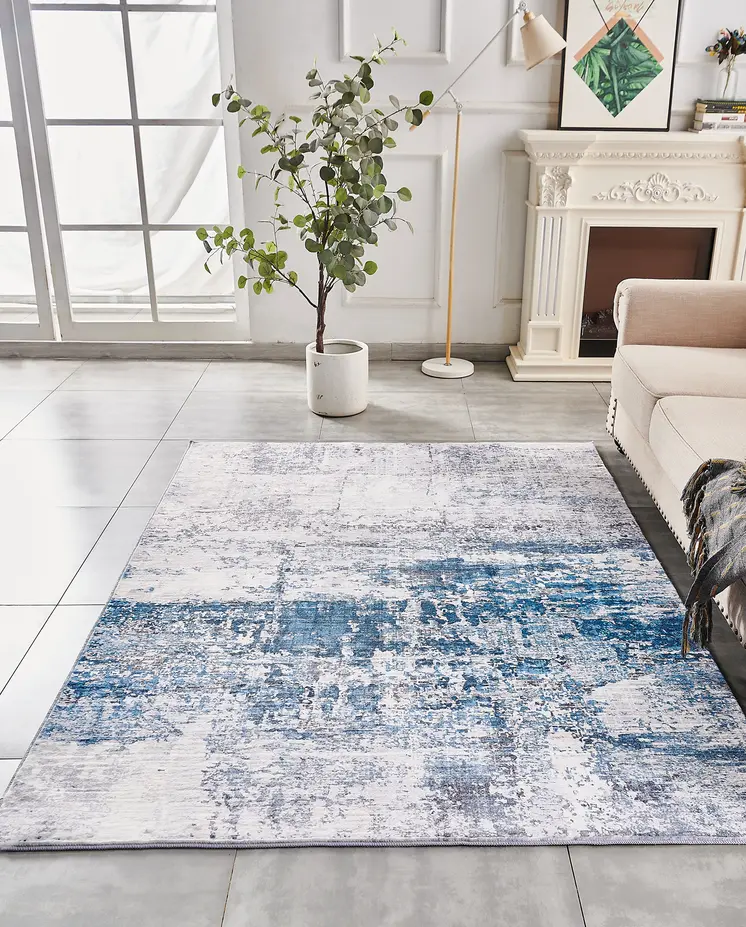 4' X 6' Gray and Blue Abstract Shag Printed Washable Non Skid Area Rug
