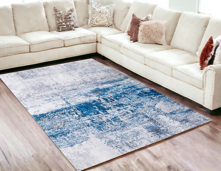 5' X 7' Gray and Blue Abstract Printed Washable Non Skid Area Rug