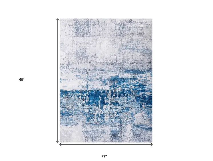 5' X 7' Gray and Blue Abstract Printed Washable Non Skid Area Rug