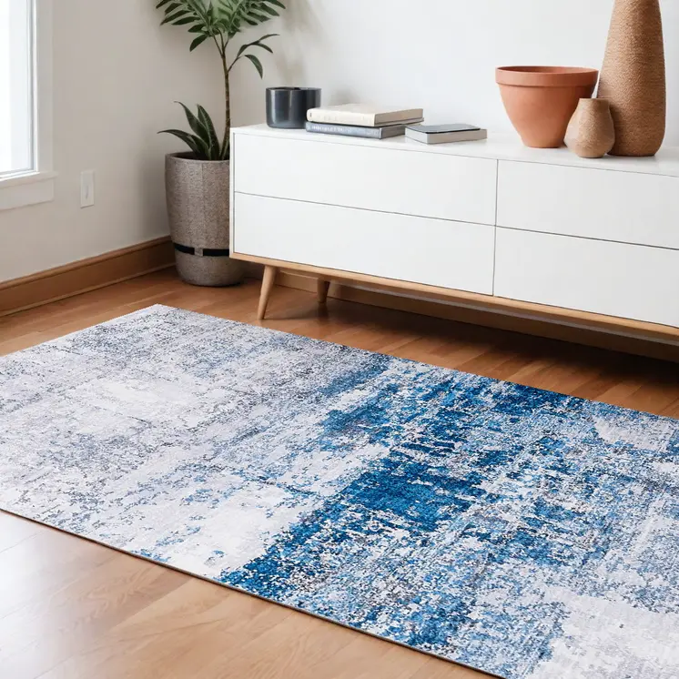 6' X 9' Gray and Blue Abstract Printed Washable Non Skid Area Rug