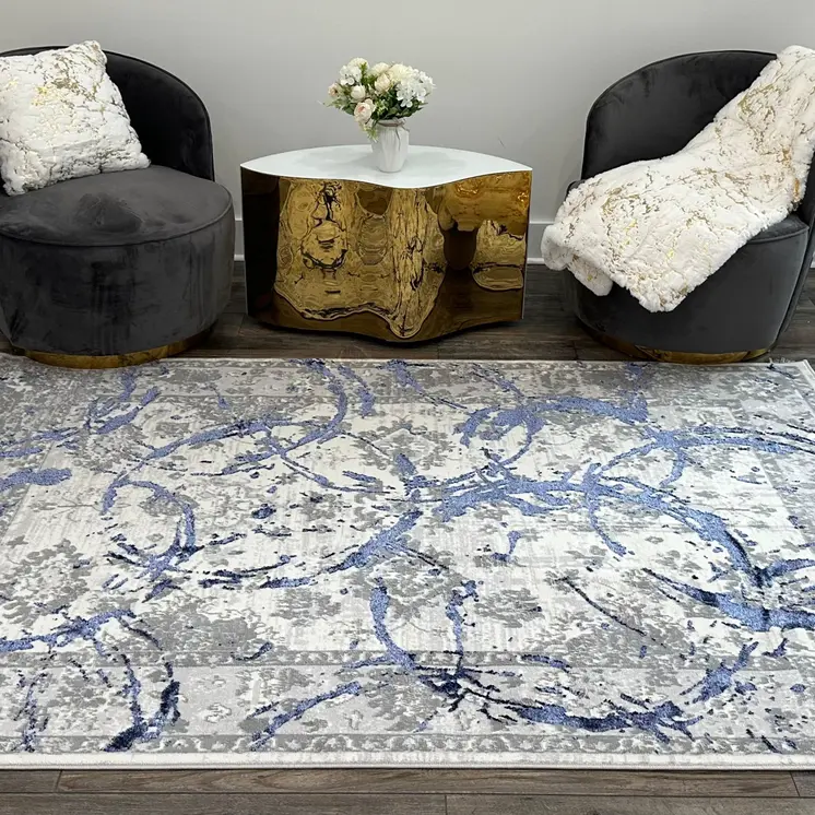 9' X 12' Ivory Blue And Gray Abstract Area Rug