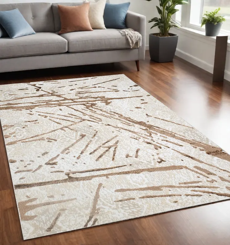 5' X 8' Ivory and Brown Abstract Area Rug