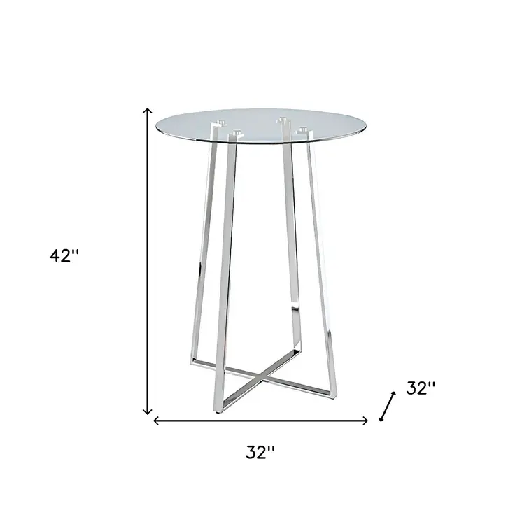 32" Clear and Silver Rounded Glass and Iron Bar Table
