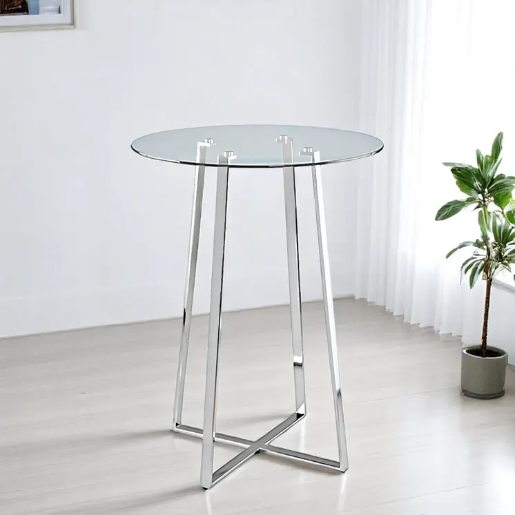 32" Clear and Silver Rounded Glass and Iron Bar Table