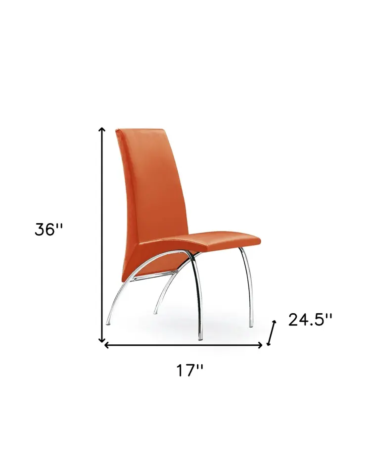 Set of Two Orange And Silver Upholstered Faux Leather Dining Side Chairs