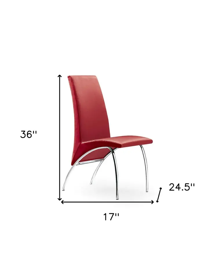 Set of Two Red and Silver Upholstered Faux Leather Dining Side Chairs