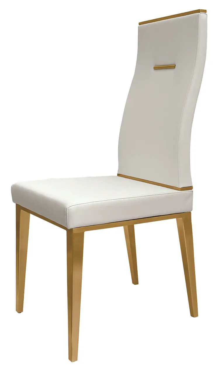 Set of Four White and Gold Upholstered Faux Leather Dining Side Chairs