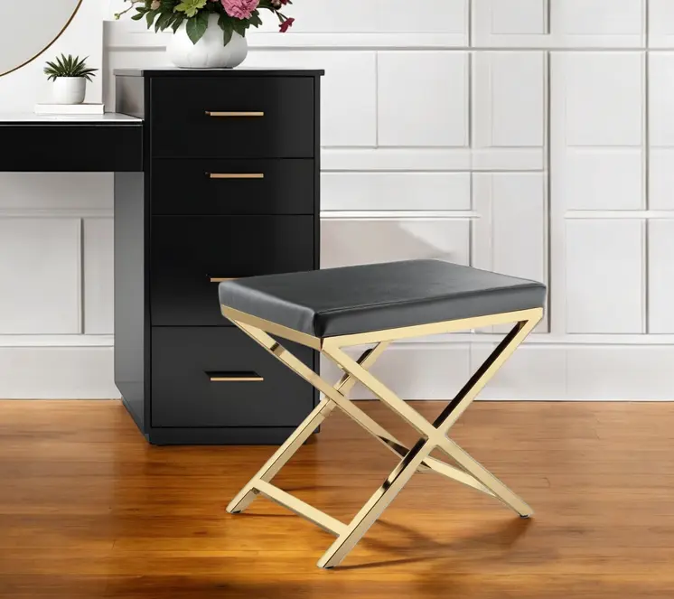 21" Charcoal and Gold Faux Leather Vanity Chair