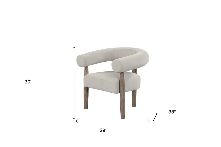 29" Cream and Light Brown Fabric And Wood Curved Arm Chair