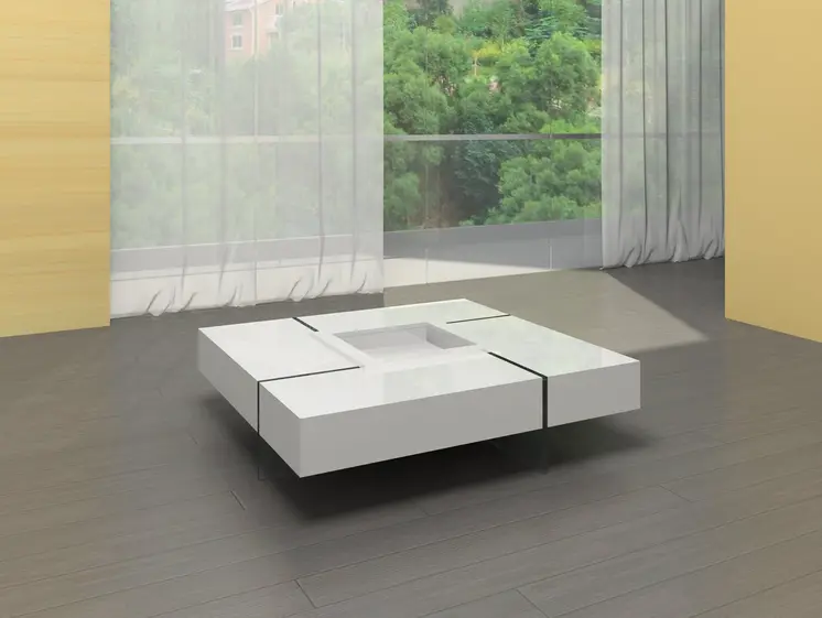 47" White And Clear Wood And Glass Square Sled Coffee Table
