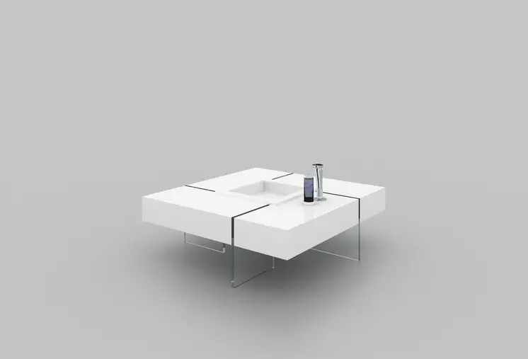 47" White And Clear Wood And Glass Square Sled Coffee Table