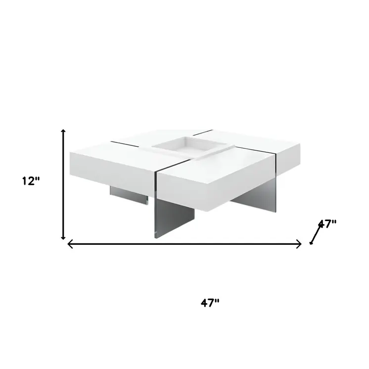 47" White And Clear Wood And Glass Square Sled Coffee Table