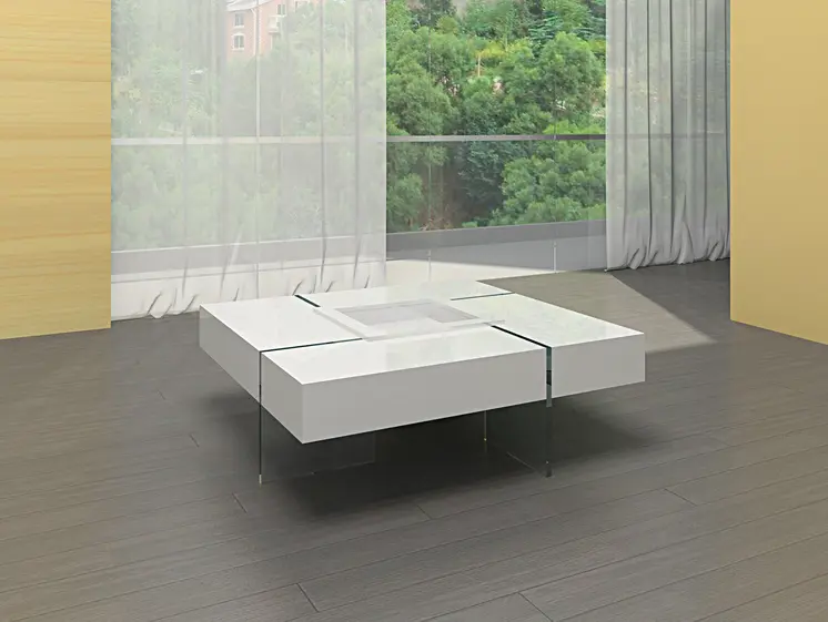 47" White And Clear Wood And Glass Square Sled Coffee Table