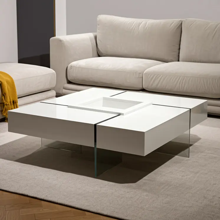 47" White And Clear Wood And Glass Square Sled Coffee Table
