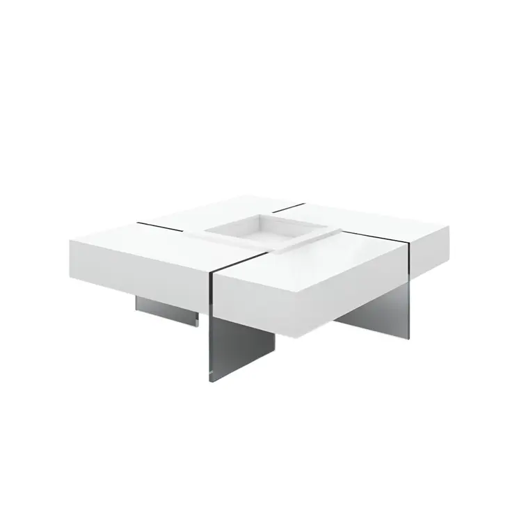 47" White And Clear Wood And Glass Square Sled Coffee Table
