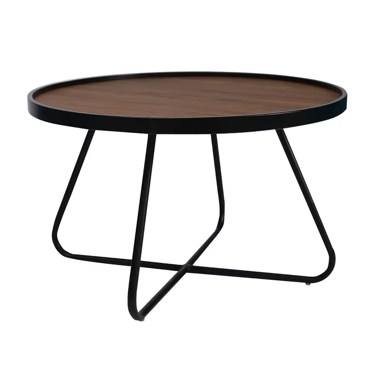 28" Brown and Black Wood and Metal Round Cross Legs Coffee Table
