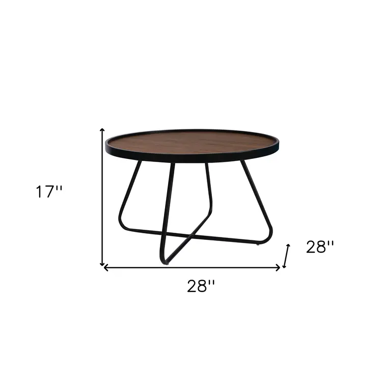 28" Brown and Black Wood and Metal Round Cross Legs Coffee Table