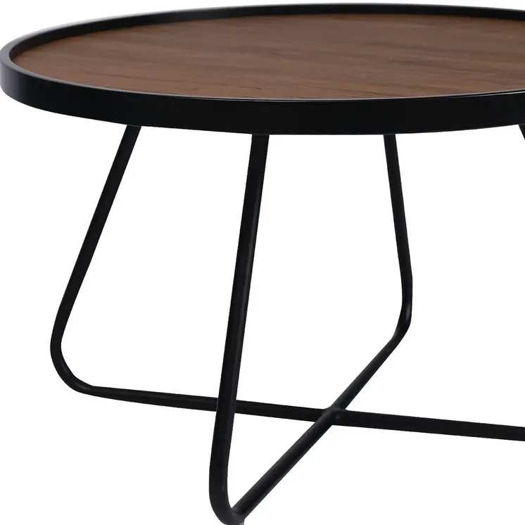 28" Brown and Black Wood and Metal Round Cross Legs Coffee Table
