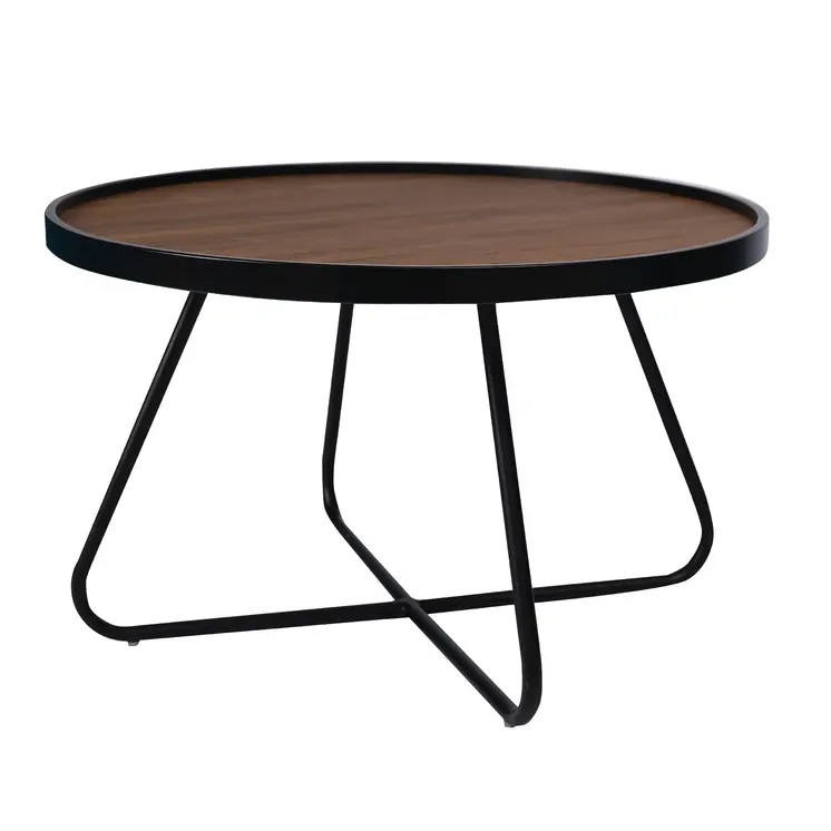 28" Brown and Black Wood and Metal Round Cross Legs Coffee Table
