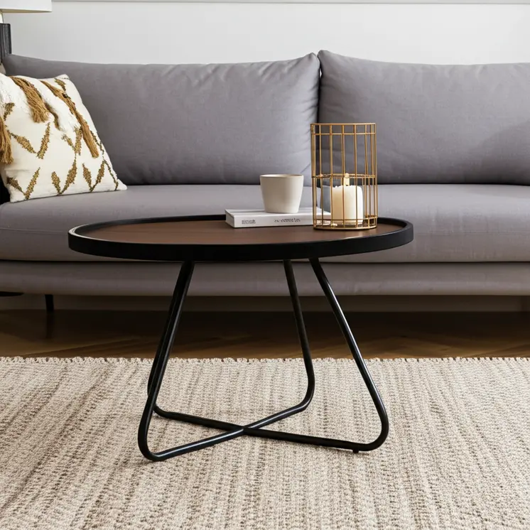 28" Brown and Black Wood and Metal Round Cross Legs Coffee Table