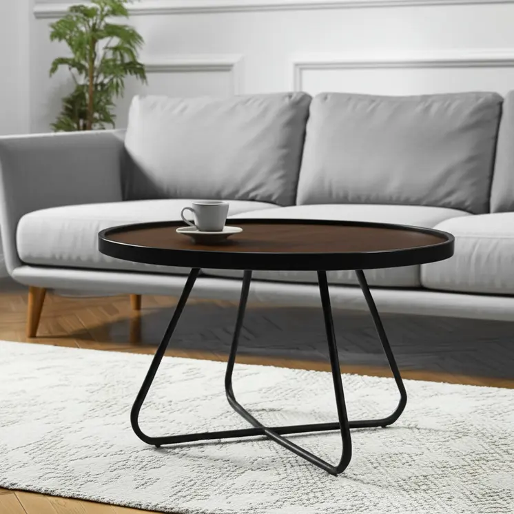 28" Brown and Black Wood and Metal Round Cross Legs Coffee Table