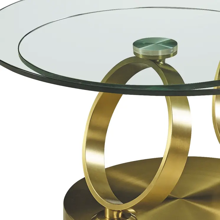 32" Clear And Gold Glass And Metal Round Abstract Coffee Table