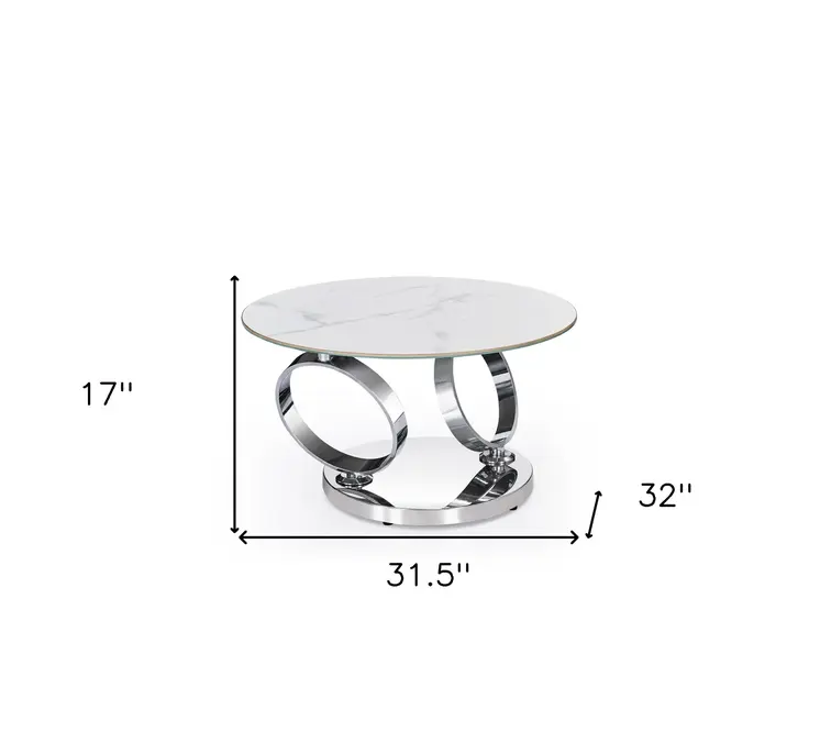 32" White And Silver Ceramic Tile And Metal Round Abstract Coffee Table