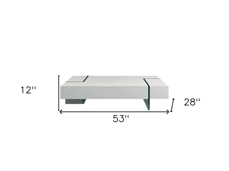 53" White And Clear Wood And Glass Sled Coffee Table