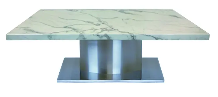 51" White And Silver Genuine Marble And Stainless Steel Pedestal Coffee Table